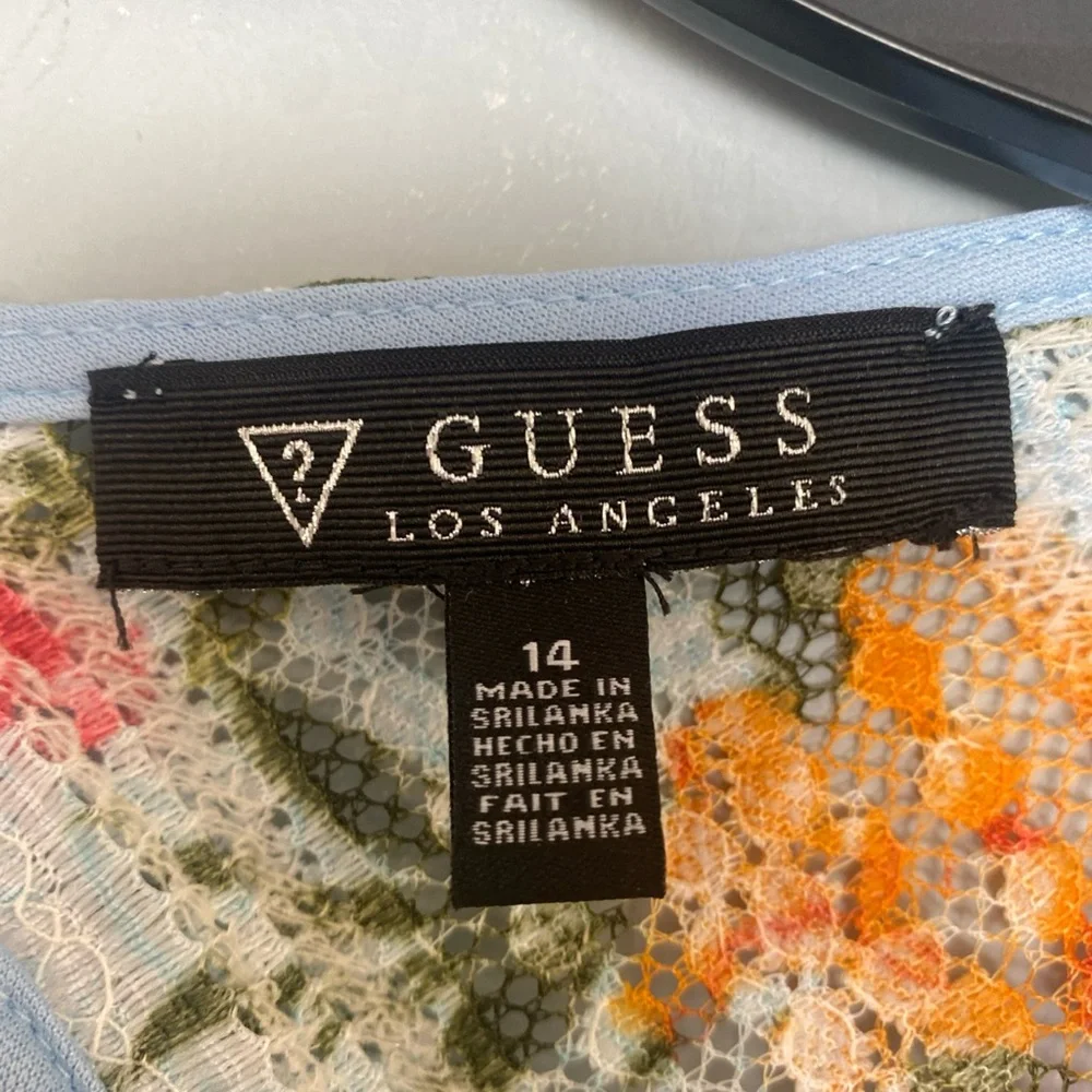 Guess Blue Lace Floral Mini Bodycon Dress Keyhole Back Sleeveles Lattice Size 14 - Picture 3 of 12